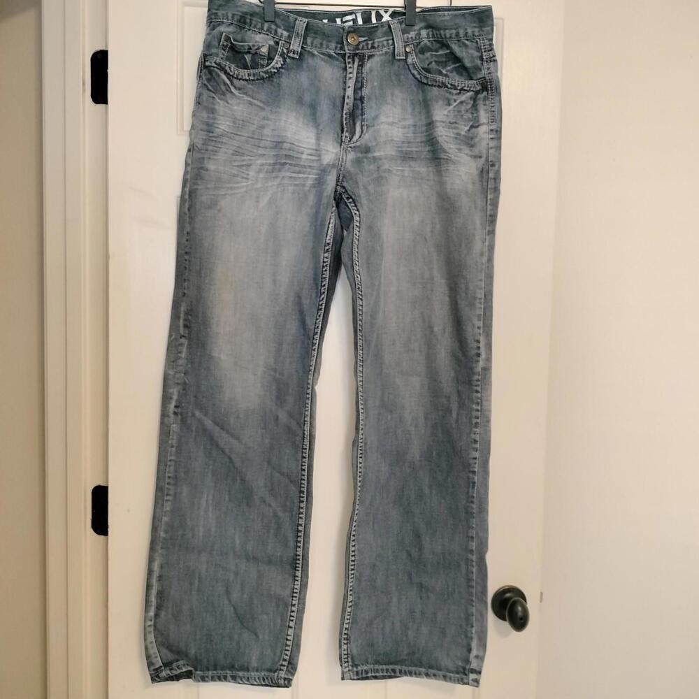 Y2K Helix Loose Straight Jeans Mens 36x33 Blue Distressed Denim Relaxed Fit‎ N56